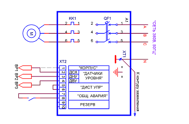 Схема управления насосом с использованием электродных датчиков верхнего и нижнего уровня